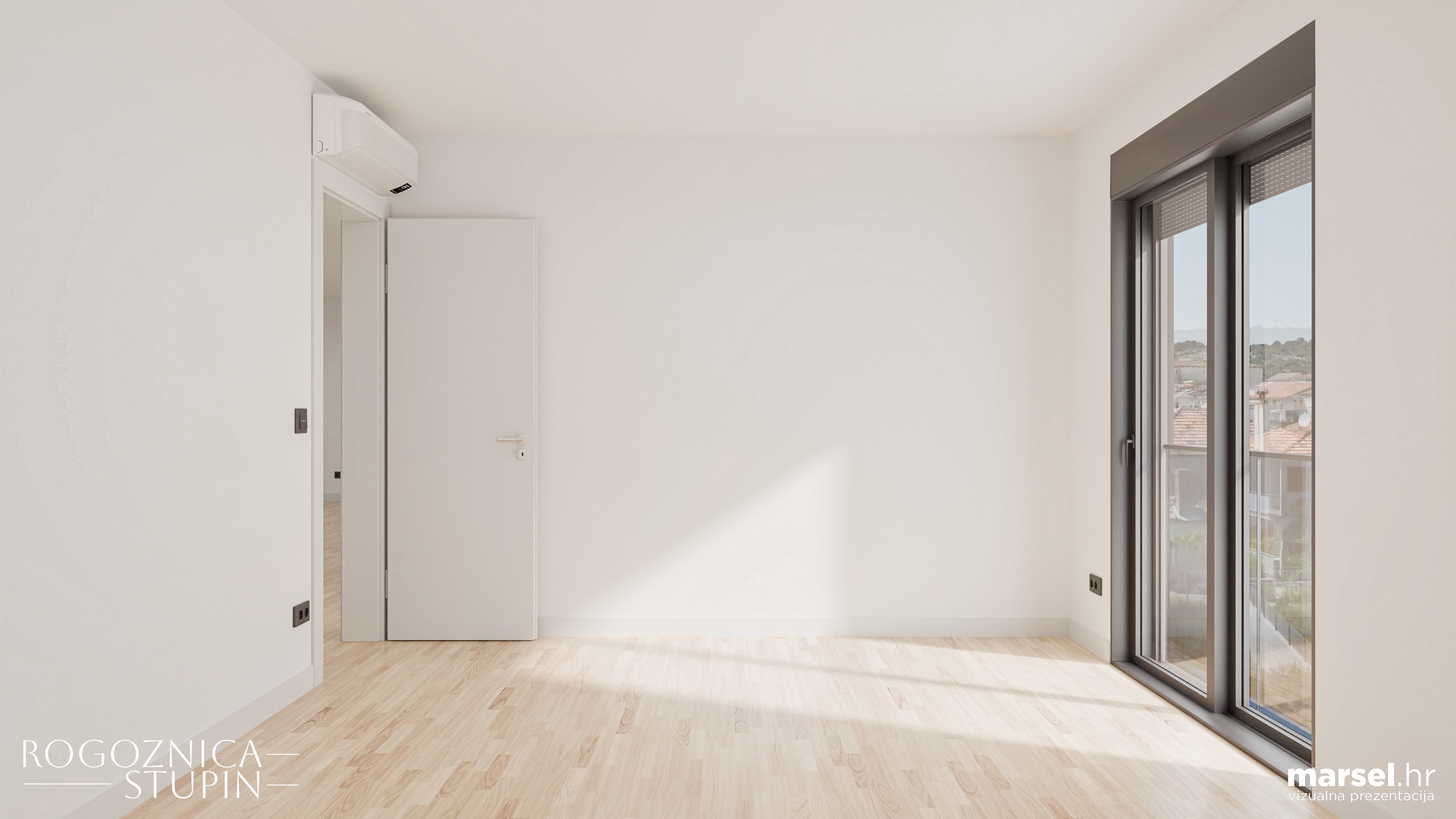 Vizualizacija interijera apartmana u novogradnji Rogoznica Stupin. Prostrani i svijetli unutarnji prostori s pogledom na more, idealni za stanovanje ili investiranje u apartman na dalmatinskoj obali.